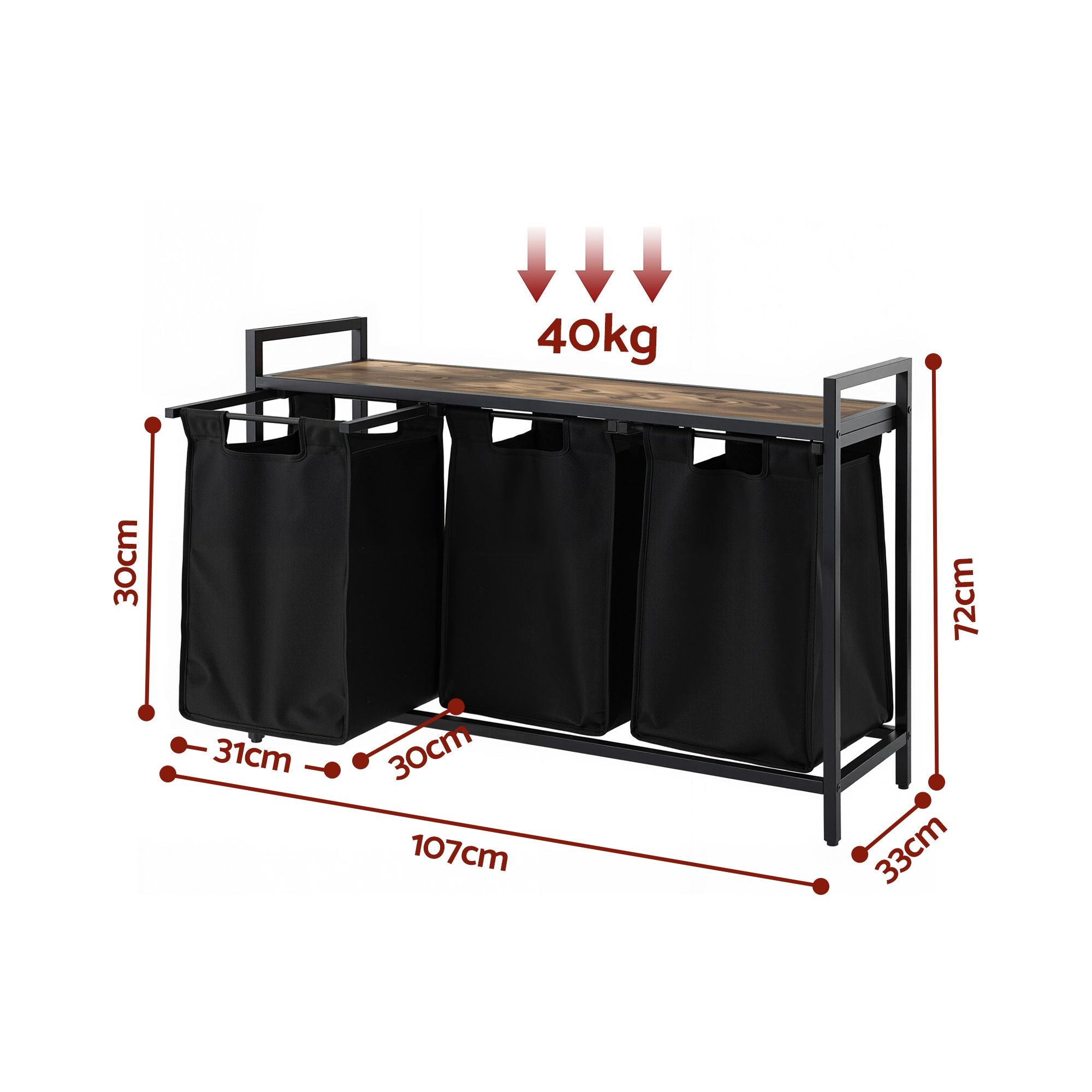 Artiss Laundry Basket with 3 Pull-out Bags Metal Frame Black - Homecoze