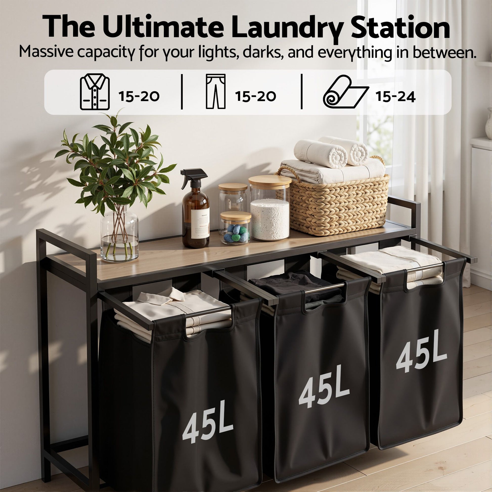 Artiss Laundry Basket with 3 Pull-out Bags Metal Frame Black - Homecoze