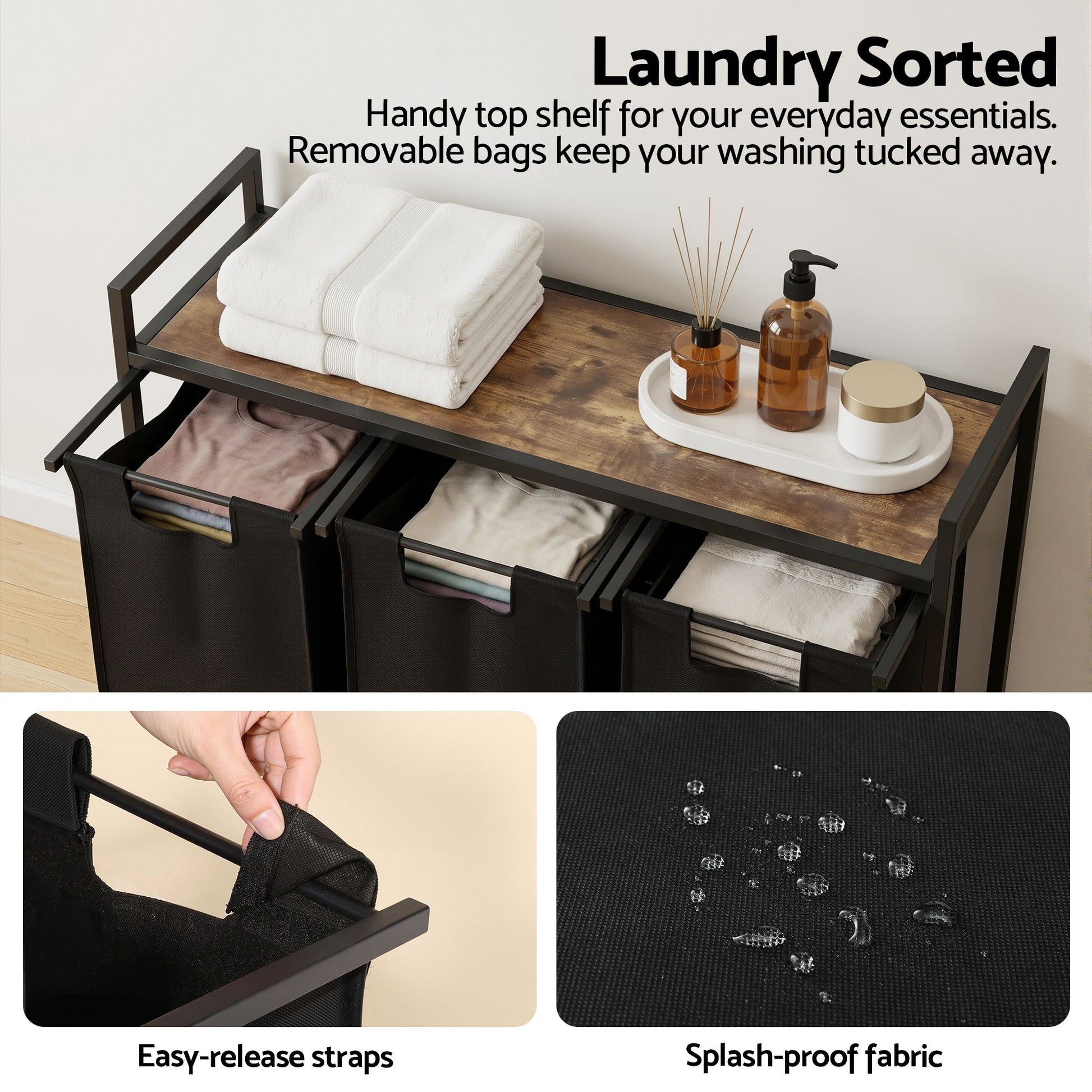Artiss Laundry Basket with 3 Pull-out Bags Metal Frame Black - Homecoze