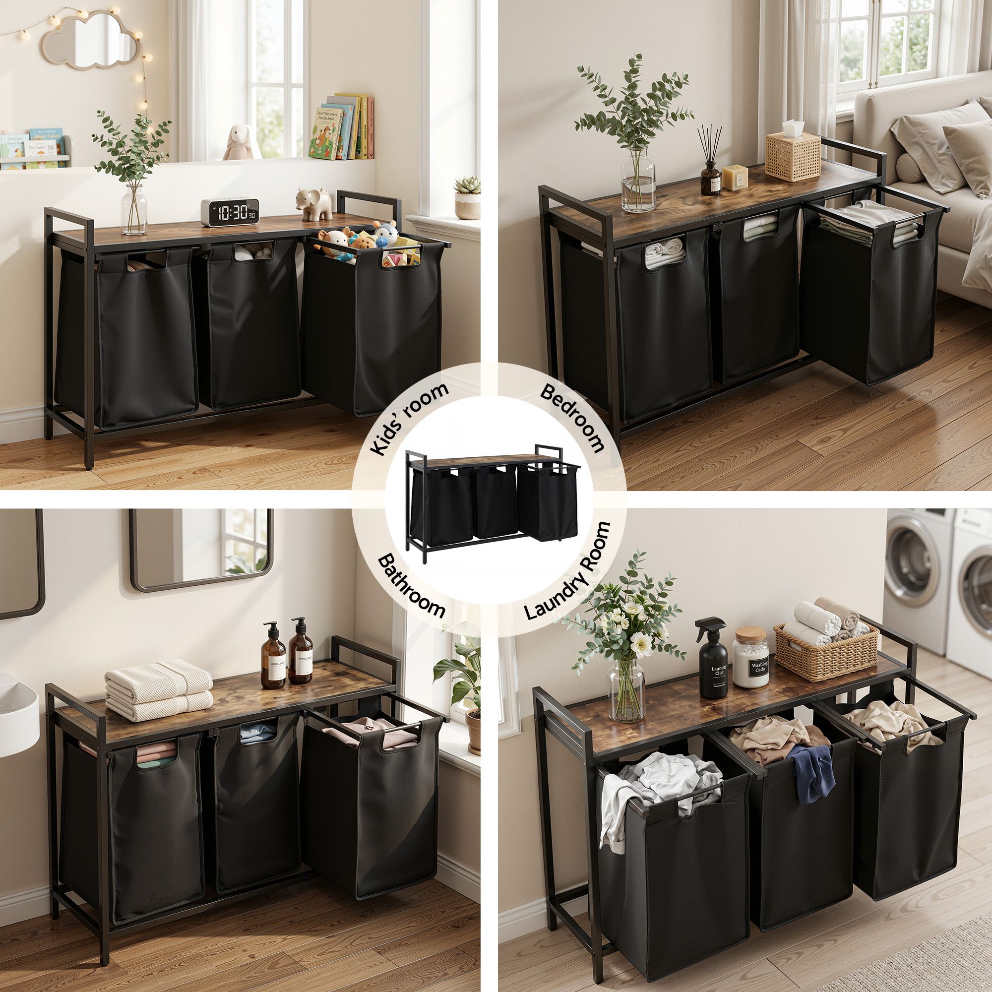 Artiss Laundry Basket with 3 Pull-out Bags Metal Frame Black - Homecoze