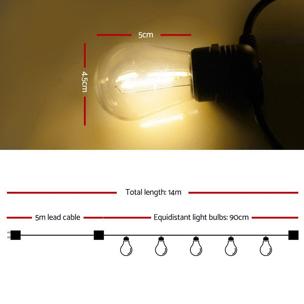 14m LED Festoon String Lights Indoor & Outdoor - 10 Medium Bulbs - Homecoze