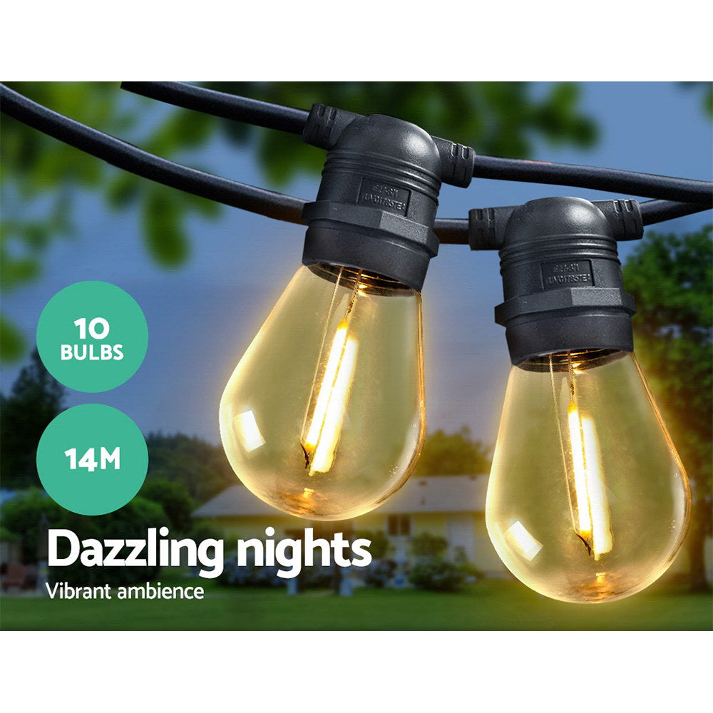 14m LED Festoon String Lights Indoor & Outdoor - 10 Medium Bulbs - Homecoze