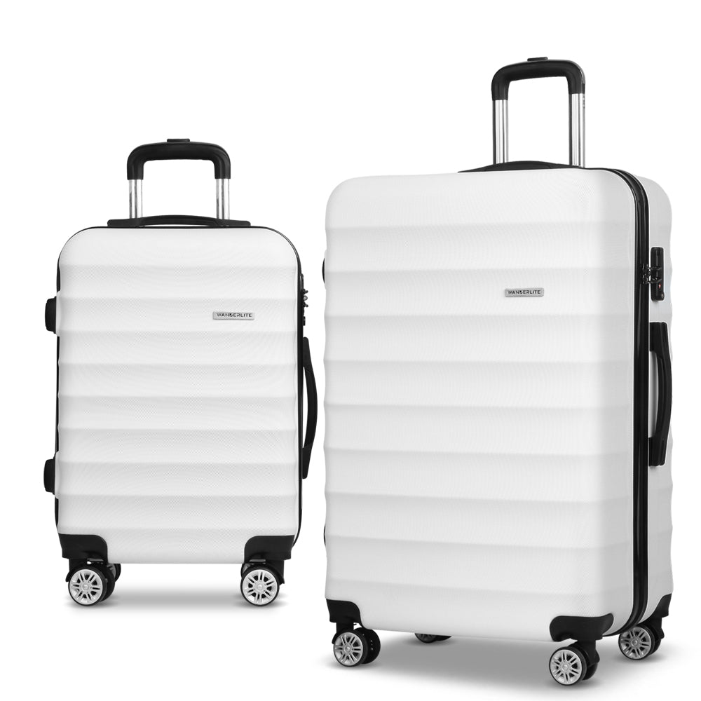 Wanderlite 2pcs Luggage Trolley Travel Suitcase Set TSA Hard Shell Case Strap White - Homecoze