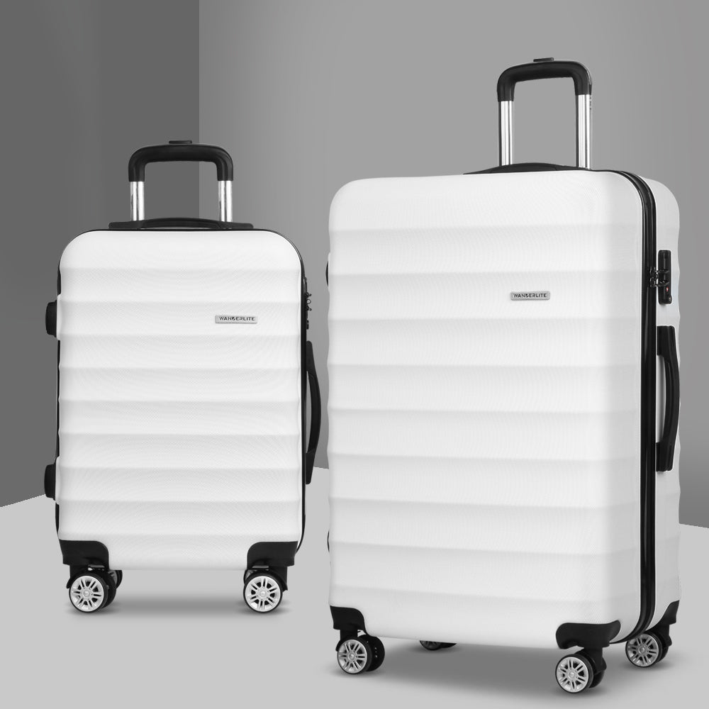 Wanderlite 2pcs Luggage Trolley Travel Suitcase Set TSA Hard Shell Case Strap White - Homecoze