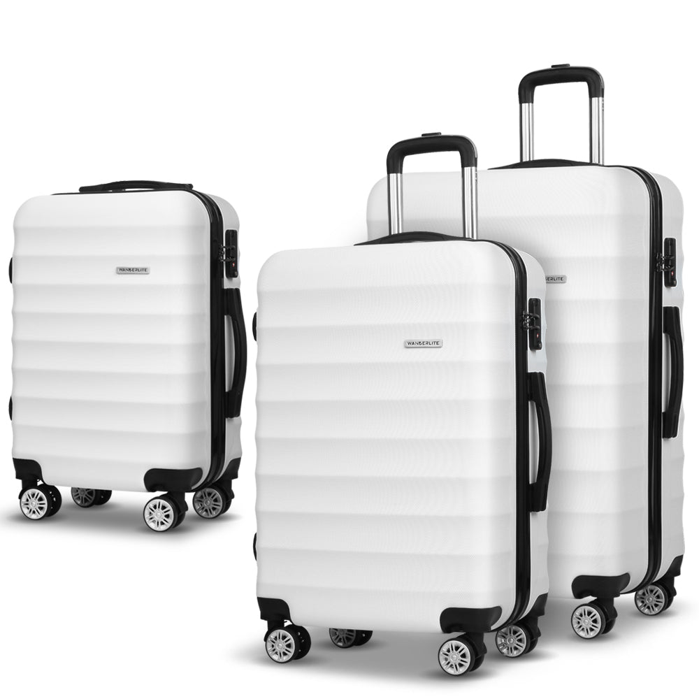 Wanderlite 3pcs Luggage Trolley Travel Suitcase Set TSA Hard Shell Case Strap White - Homecoze