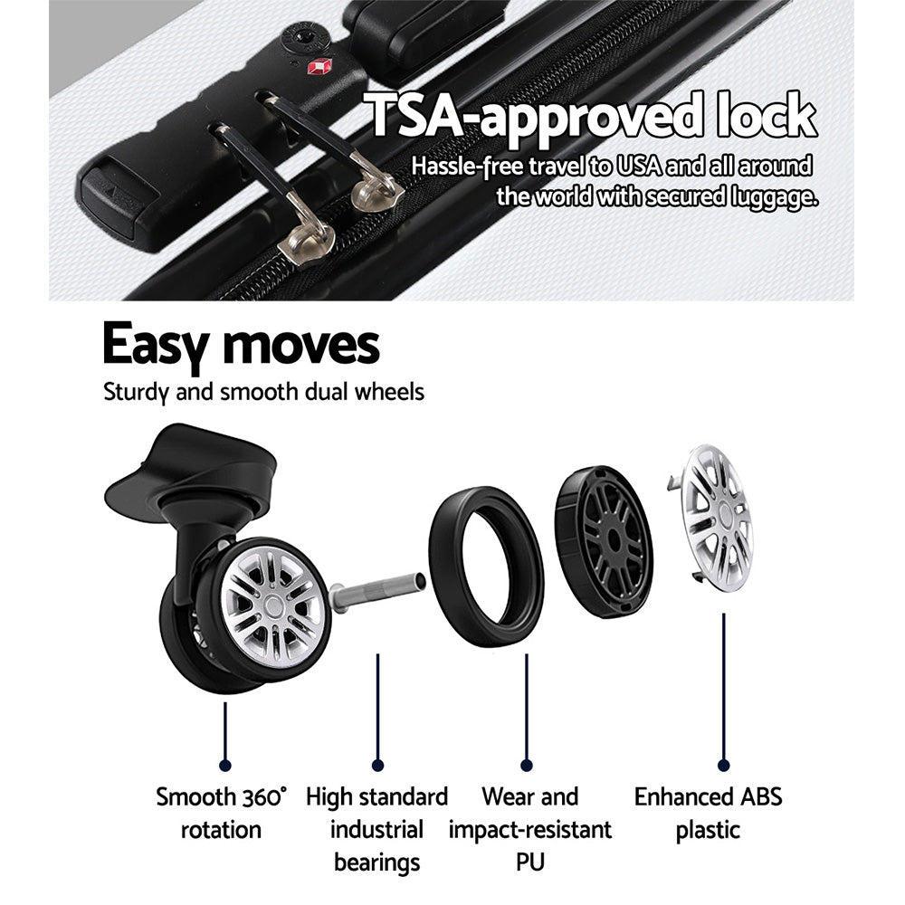 Wanderlite 3pcs Luggage Trolley Travel Suitcase Set TSA Hard Shell Case Strap White - Homecoze