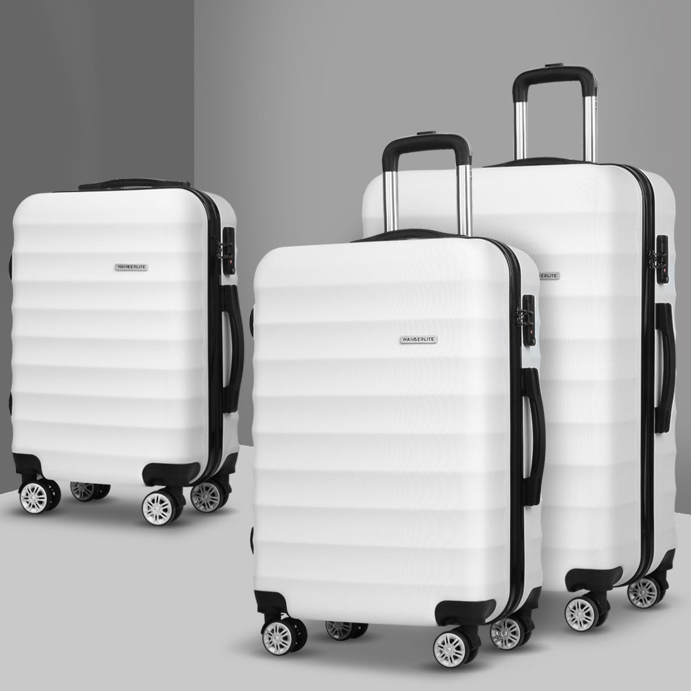 Wanderlite 3pcs Luggage Trolley Travel Suitcase Set TSA Hard Shell Case Strap White - Homecoze