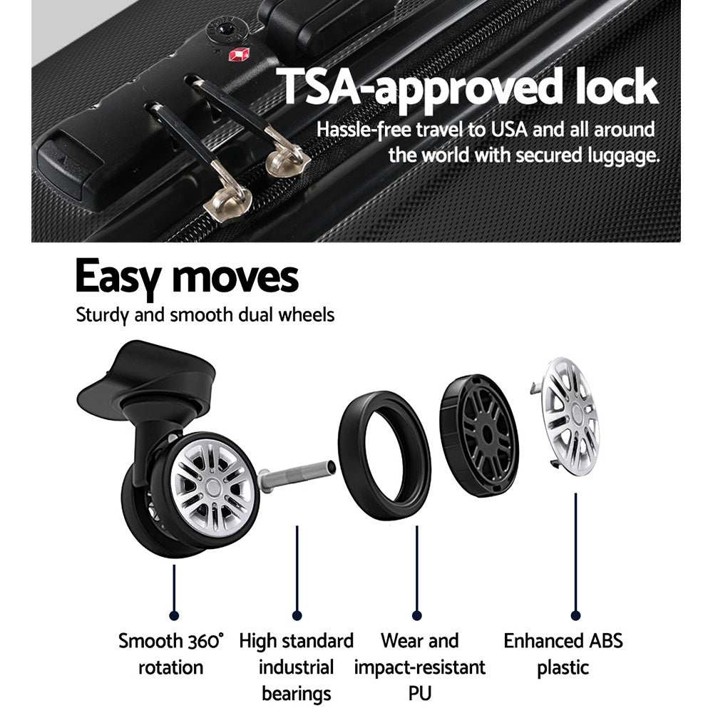 Wanderlite 24" 66cm Luggage Trolley Travel Set Suitcase Carry On Hard Case TSA Lock Lightweight Black - Homecoze