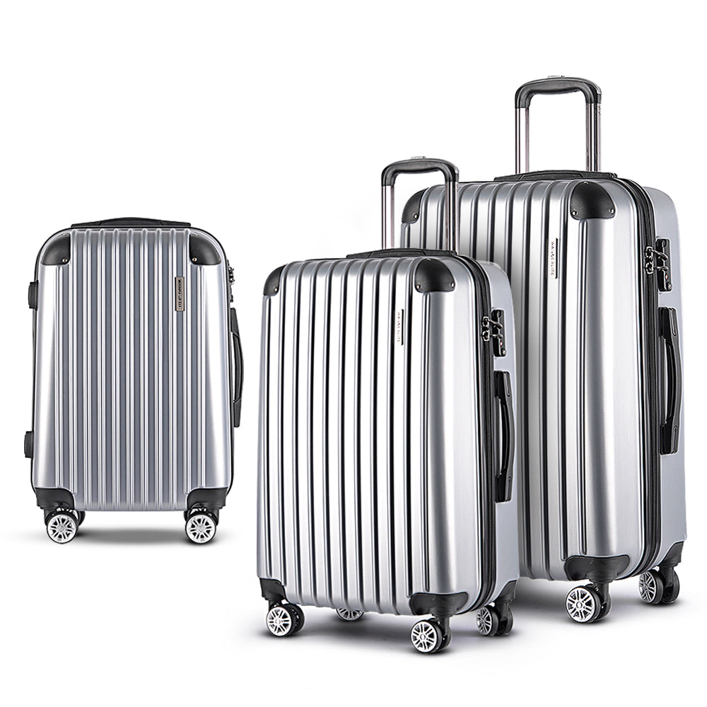 Wanderlite 3pc Luggage Trolley Travel Set Suitcase Carry On TSA Lock Hard Case Lightweight Silver - Homecoze