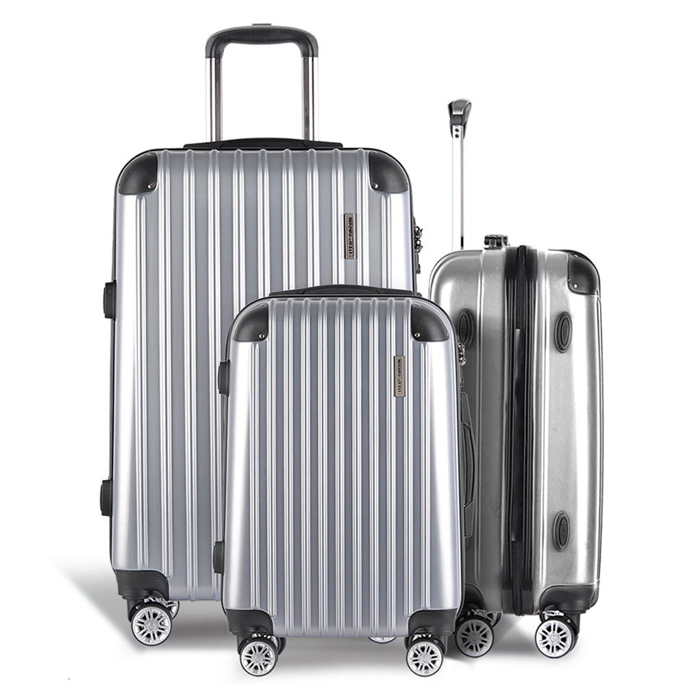 Wanderlite 3pc Luggage Trolley Travel Set Suitcase Carry On TSA Lock Hard Case Lightweight Silver - Homecoze