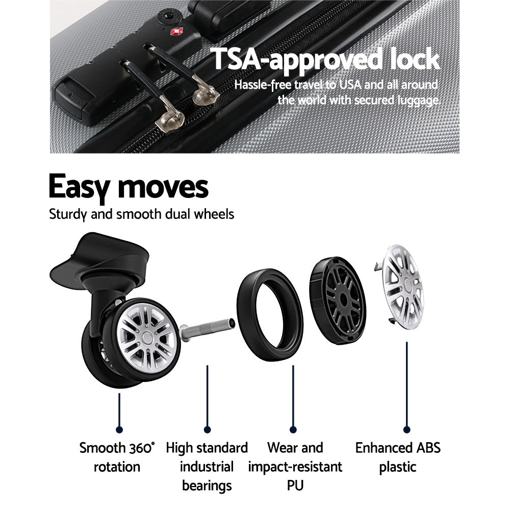 Wanderlite 3pc Luggage Trolley Travel Set Suitcase Carry On TSA Lock Hard Case Lightweight Silver - Homecoze