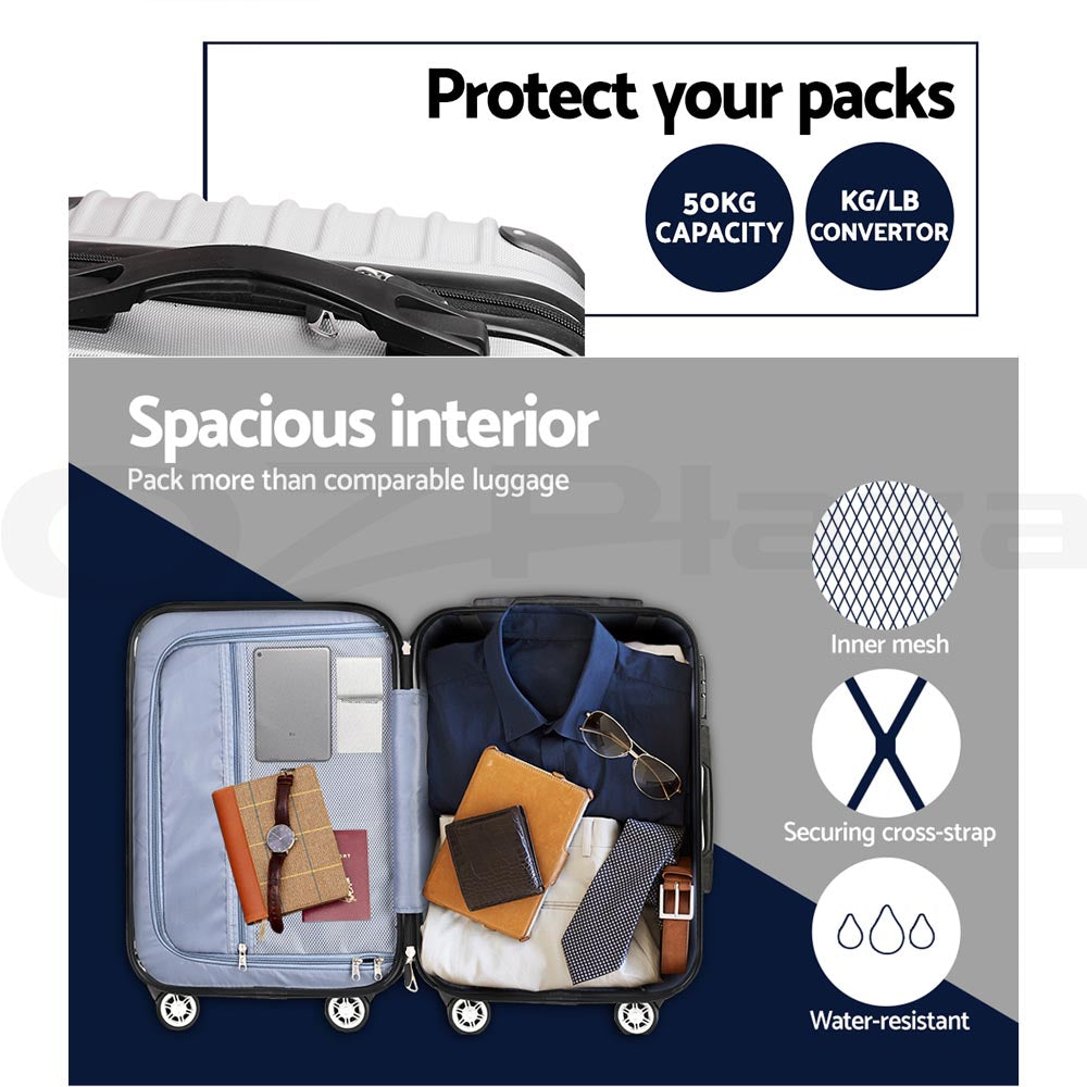 Wanderlite 3pc Luggage Trolley Travel Set Suitcase Carry On TSA Lock Hard Case Lightweight Silver - Homecoze