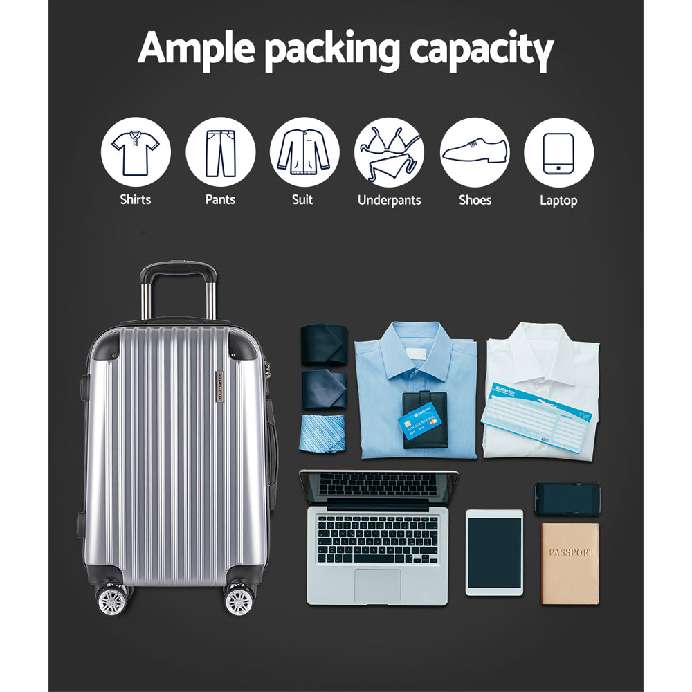Wanderlite 3pc Luggage Trolley Travel Set Suitcase Carry On TSA Lock Hard Case Lightweight Silver - Homecoze
