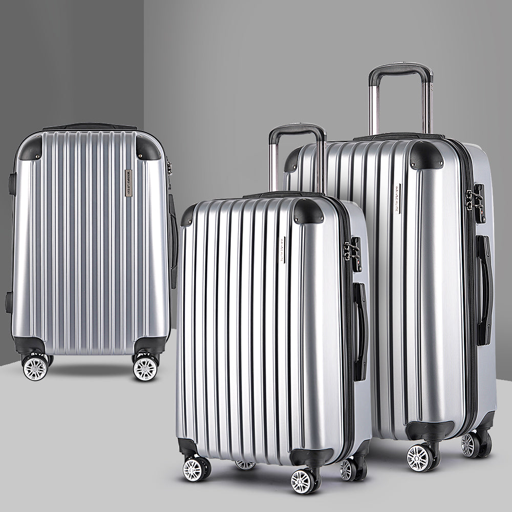 Wanderlite 3pc Luggage Trolley Travel Set Suitcase Carry On TSA Lock Hard Case Lightweight Silver - Homecoze
