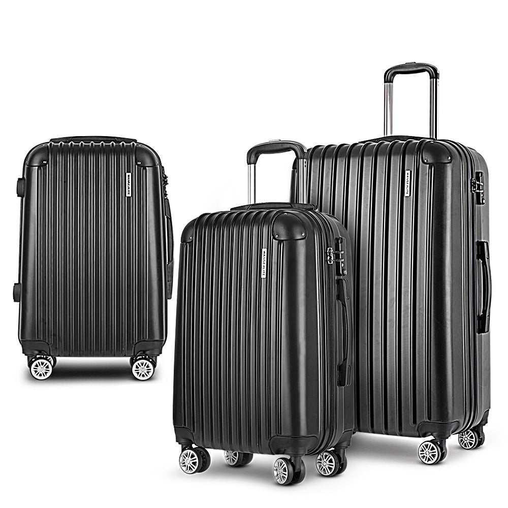 Wanderlite 3pcs Luggage Trolley Set Travel Suitcase Hard Case Carry On Bag Black - Homecoze