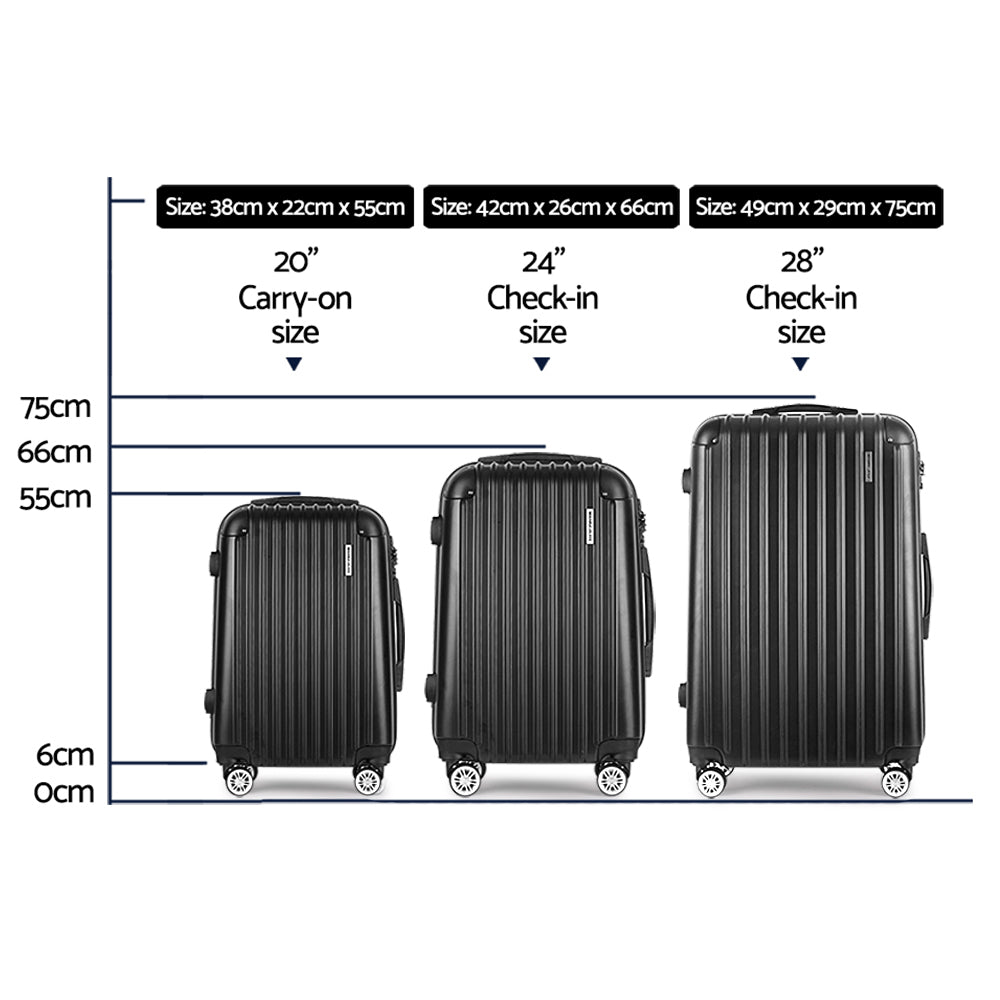 Wanderlite 3pcs Luggage Trolley Set Travel Suitcase Hard Case Carry On Bag Black - Homecoze