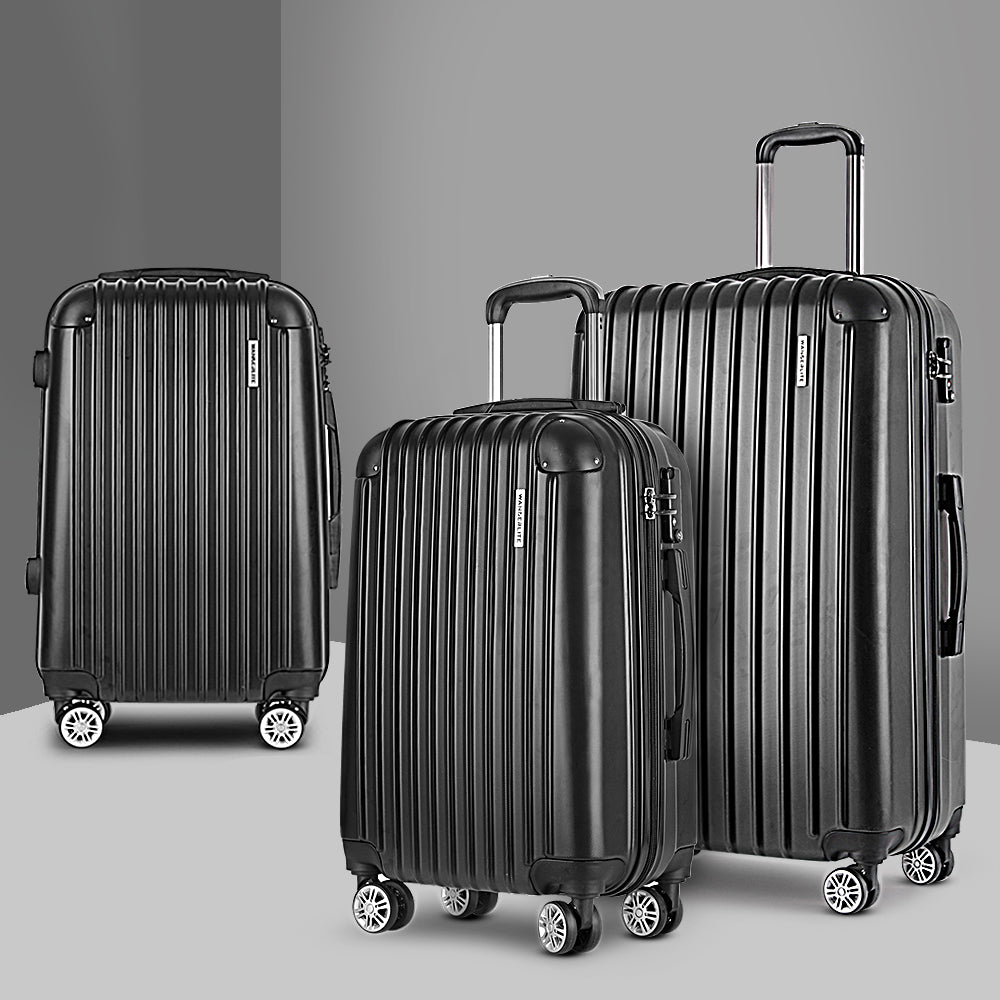 Wanderlite 3pcs Luggage Trolley Set Travel Suitcase Hard Case Carry On Bag Black - Homecoze
