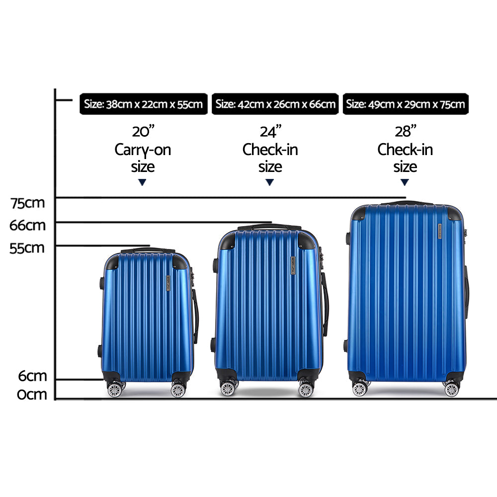 Wanderlite 3pcs Luggage Trolley Set Travel Suitcase Hard Case Carry On Bag Blue - Homecoze