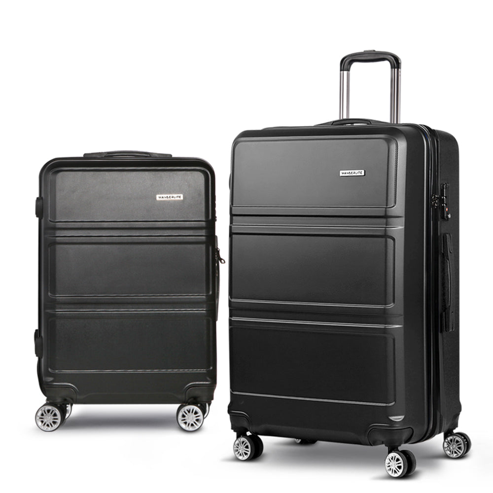 Wanderlite 2pc Luggage Trolley Set Suitcase Travel TSA Carry On Hard Case Lightweight Black - Homecoze