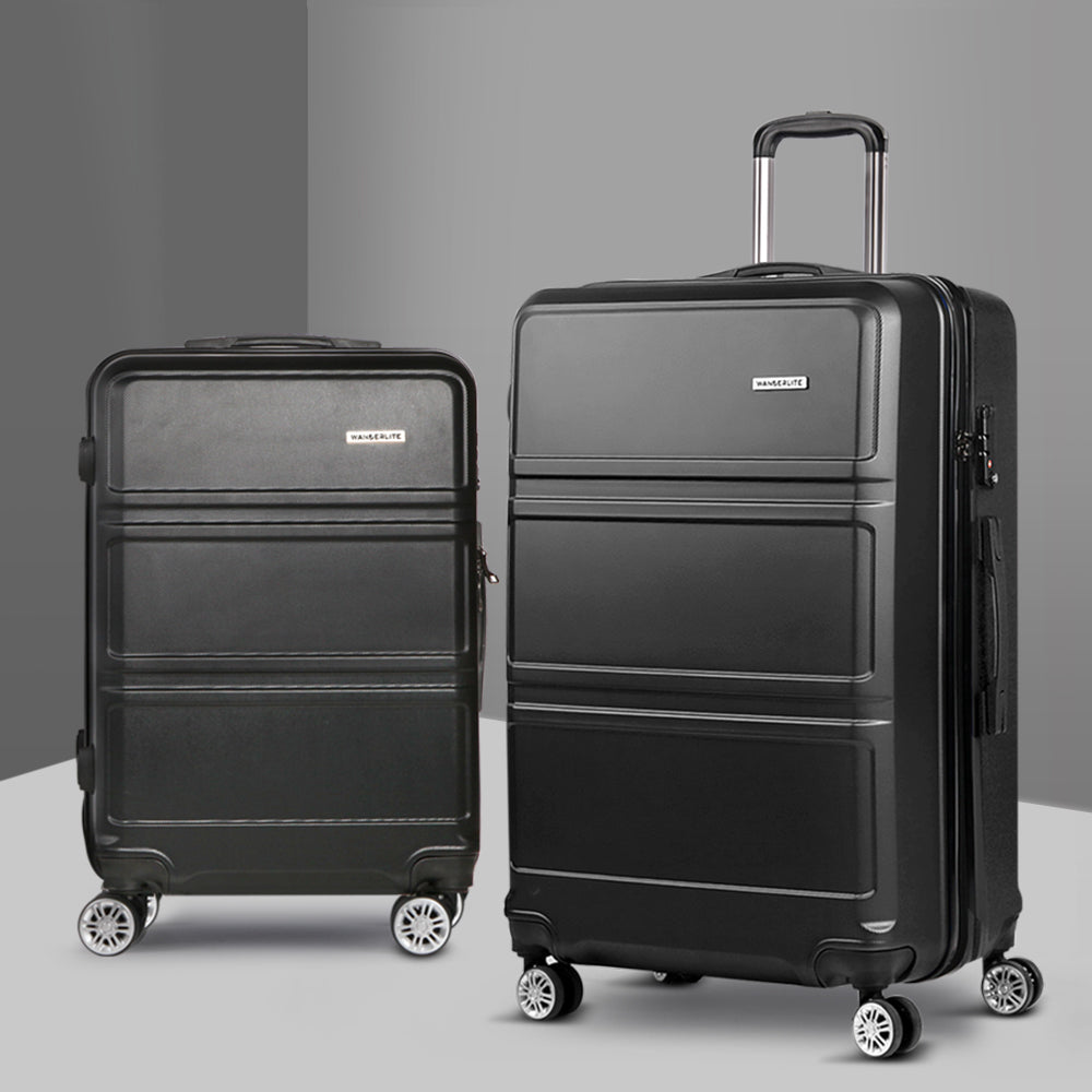 Wanderlite 2pc Luggage Trolley Set Suitcase Travel TSA Carry On Hard Case Lightweight Black - Homecoze