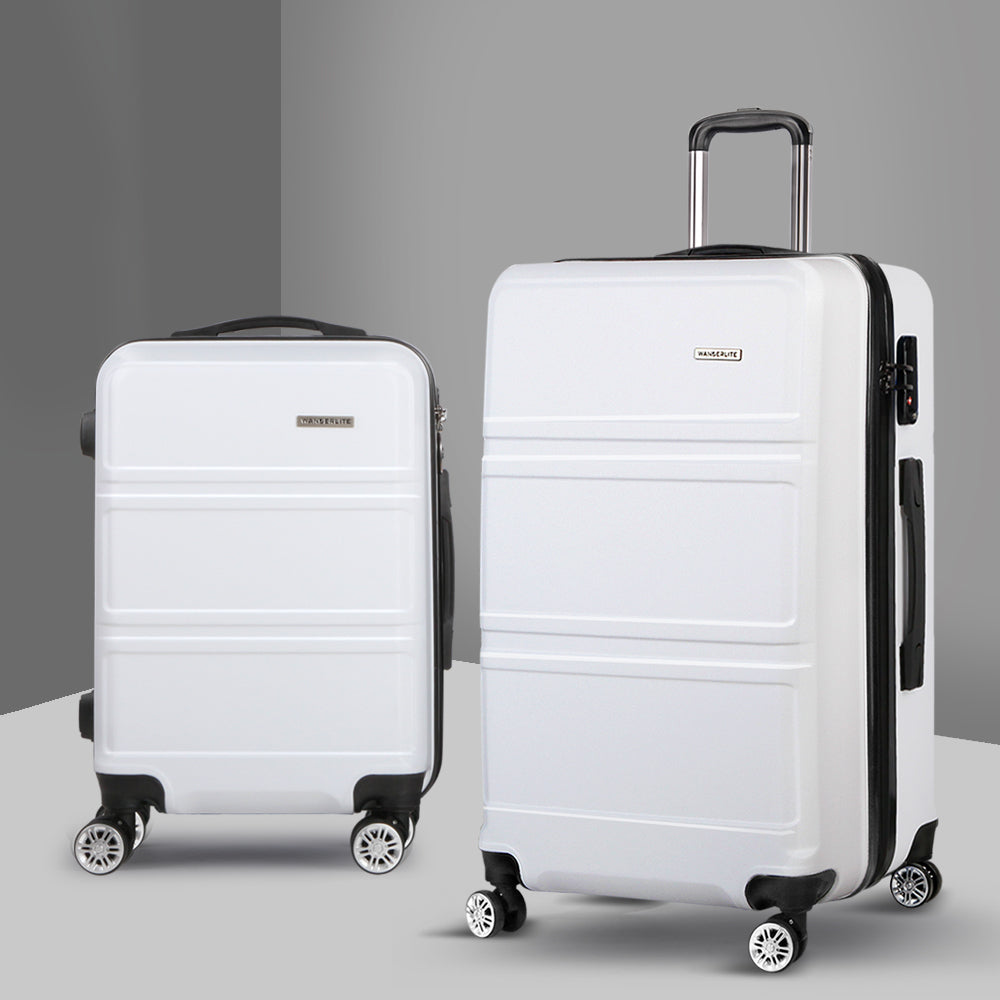 Wanderlite 2pc Luggage Trolley Set Suitcase Travel TSA Carry On Hard Case Lightweight White - Homecoze