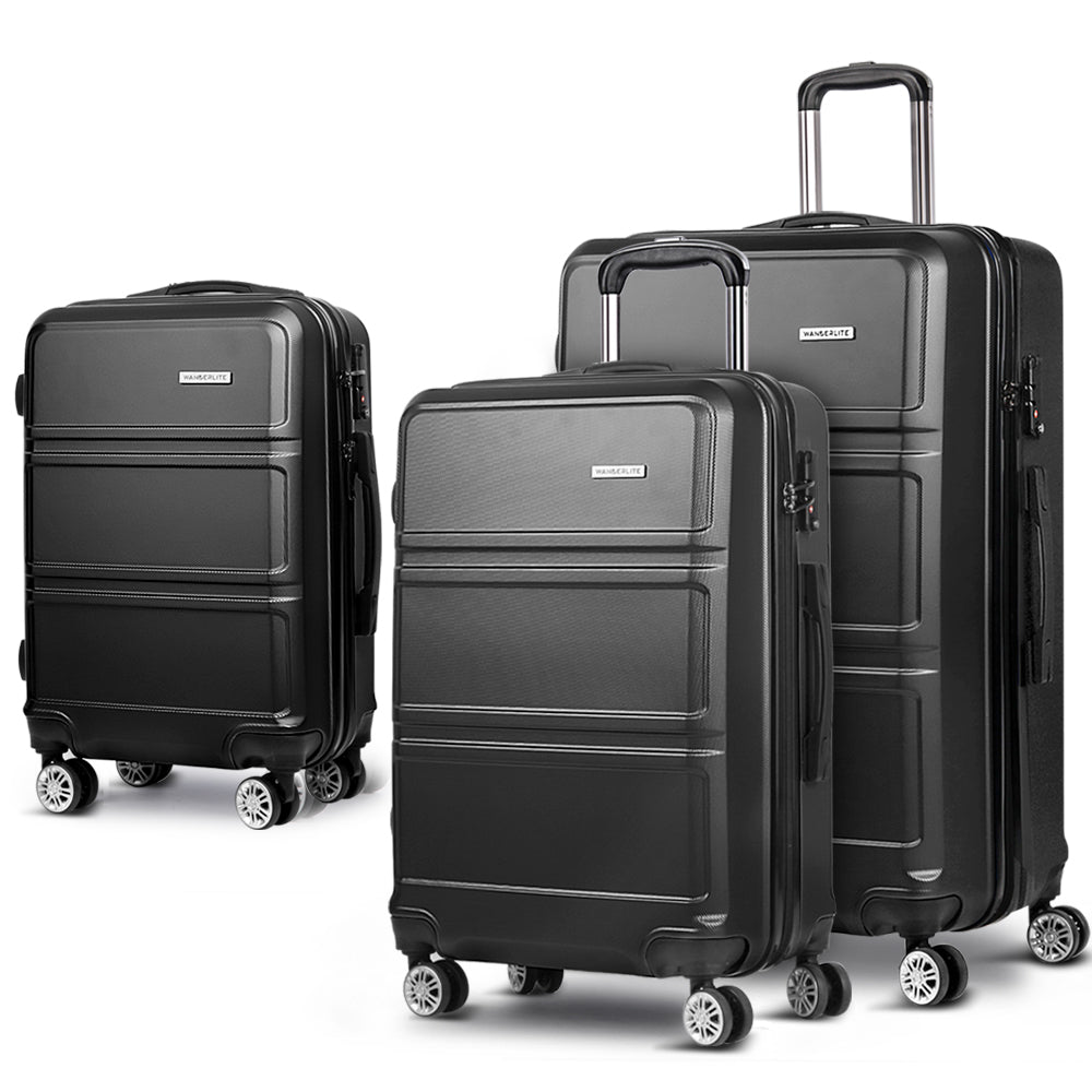 Wanderlite 3pc Luggage Trolley Set Suitcase Travel TSA Carry On Hard Case Lightweight Black - Homecoze