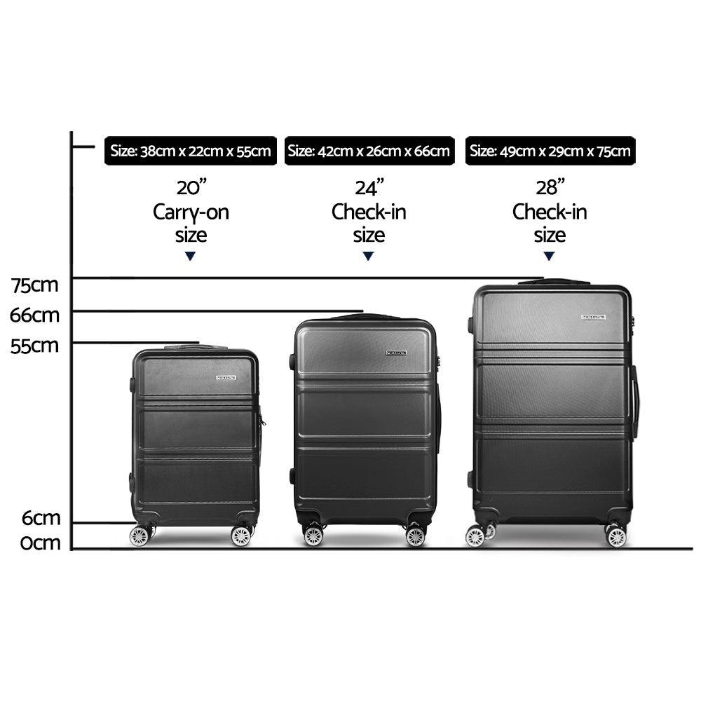 Wanderlite 3pc Luggage Trolley Set Suitcase Travel TSA Carry On Hard Case Lightweight Black - Homecoze