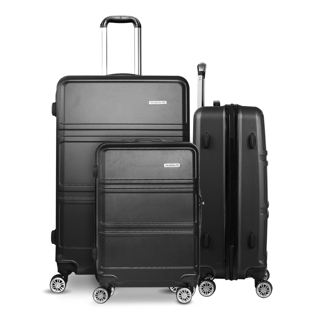 Wanderlite 3pc Luggage Trolley Set Suitcase Travel TSA Carry On Hard Case Lightweight Black - Homecoze