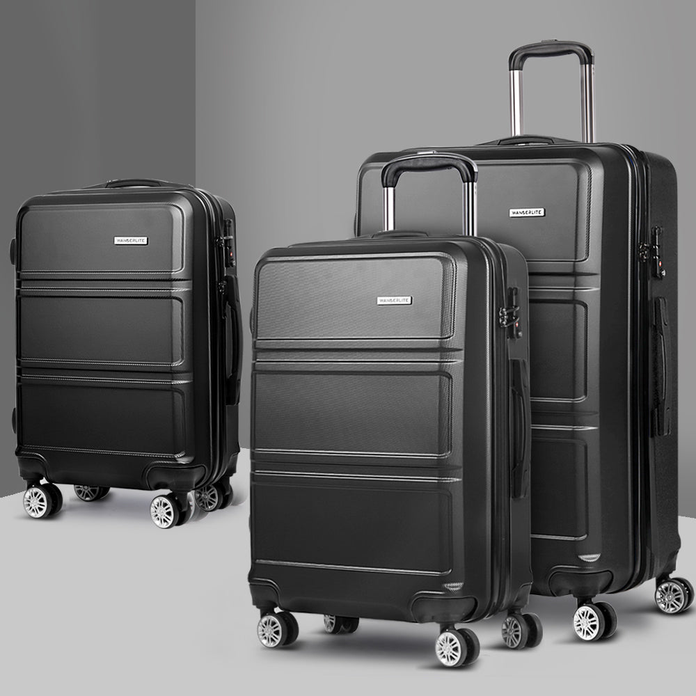 Wanderlite 3pc Luggage Trolley Set Suitcase Travel TSA Carry On Hard Case Lightweight Black - Homecoze