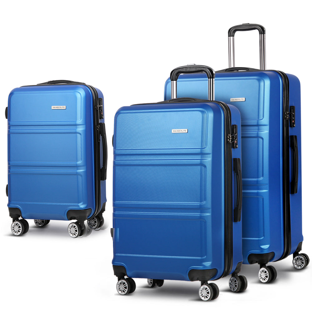 Wanderlite 3pc Luggage Trolley Set Suitcase Travel TSA Carry On Hard Case Lightweight Blue - Homecoze
