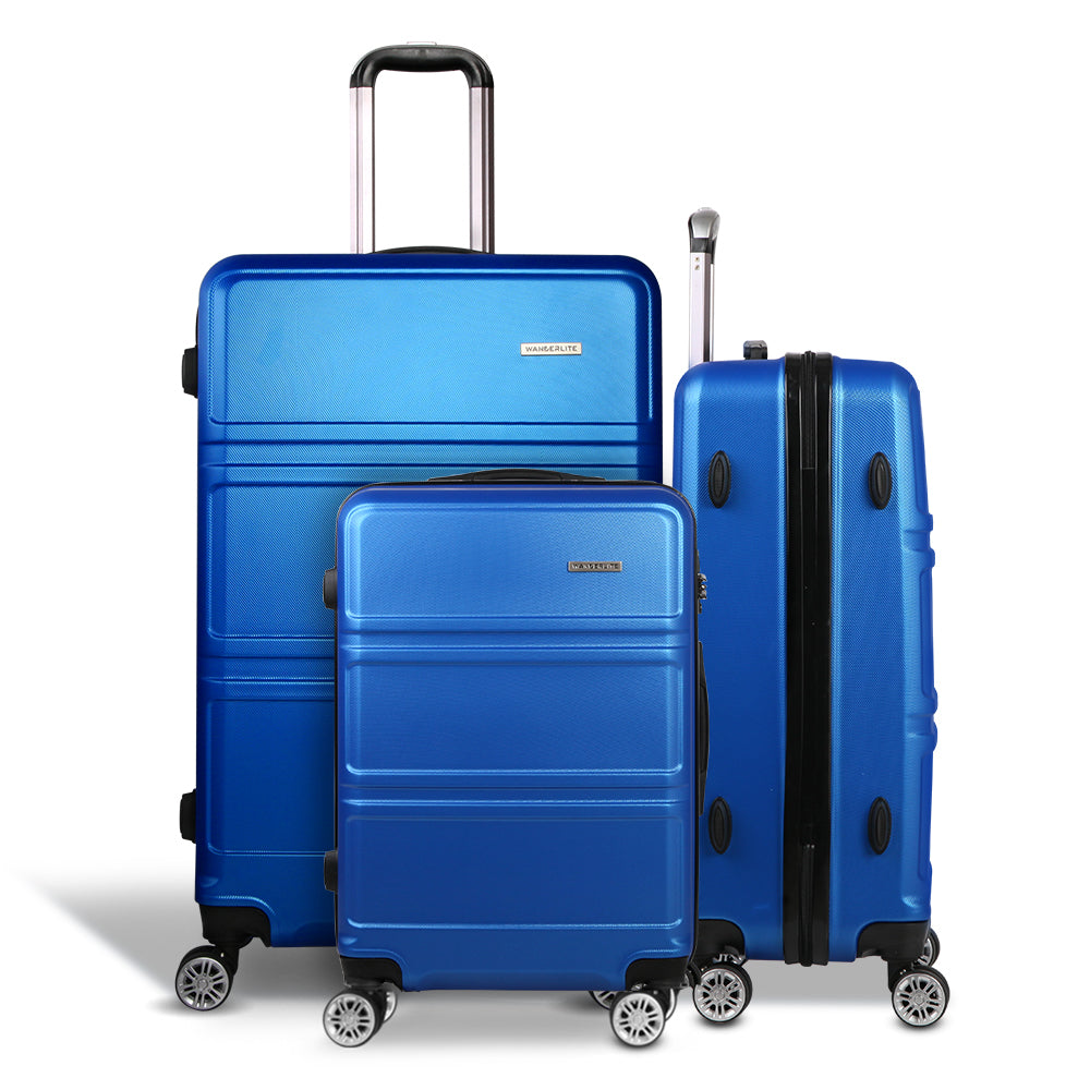 Wanderlite 3pc Luggage Trolley Set Suitcase Travel TSA Carry On Hard Case Lightweight Blue - Homecoze