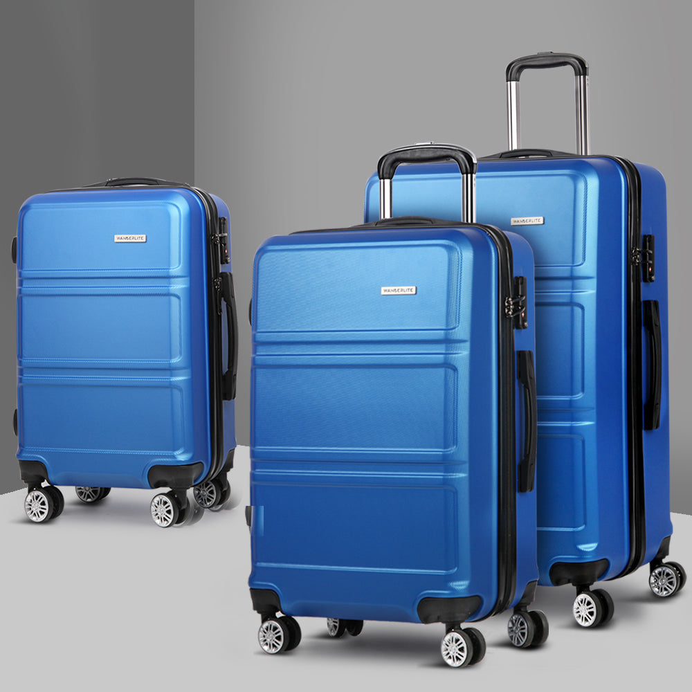 Wanderlite 3pc Luggage Trolley Set Suitcase Travel TSA Carry On Hard Case Lightweight Blue - Homecoze