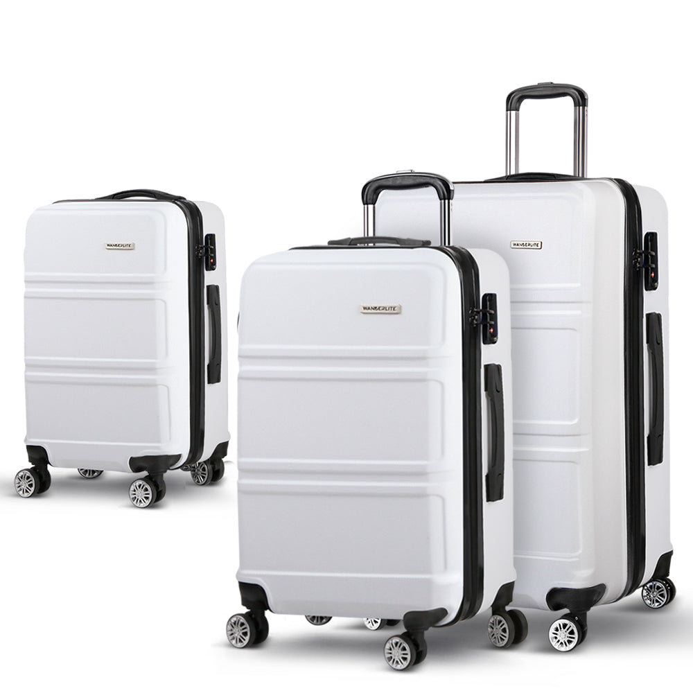 Wanderlite 3pc Luggage Trolley Set Suitcase Travel TSA Carry On Hard Case Lightweight White - Homecoze