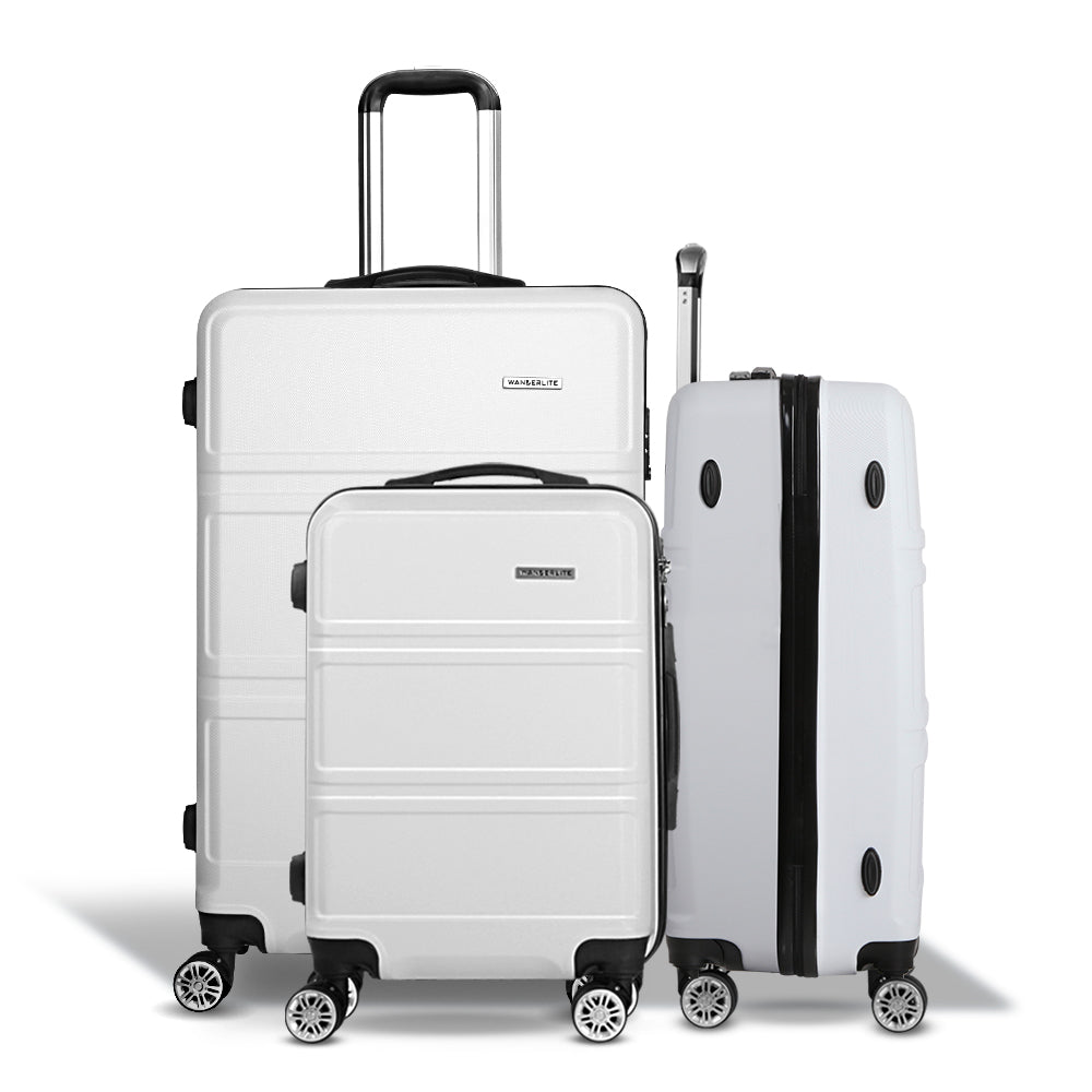 Wanderlite 3pc Luggage Trolley Set Suitcase Travel TSA Carry On Hard Case Lightweight White - Homecoze
