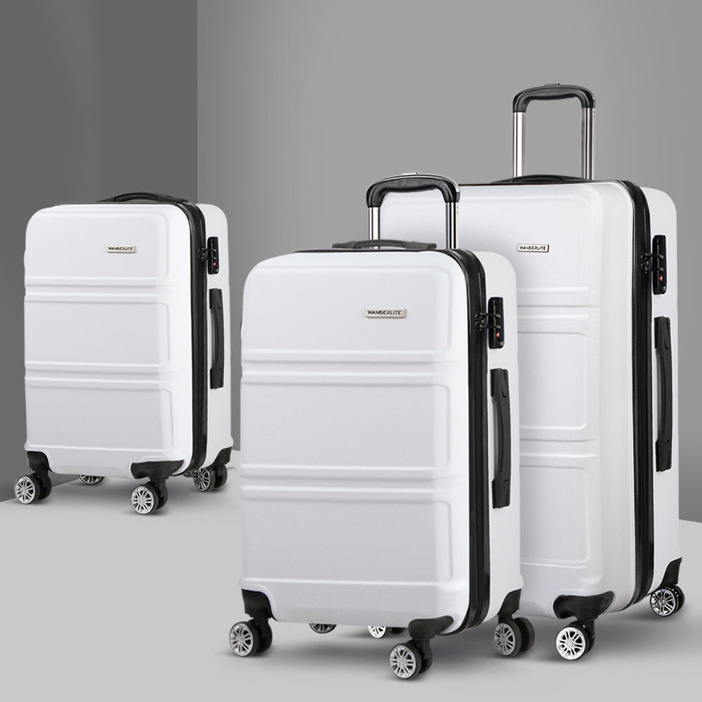 Wanderlite 3pc Luggage Trolley Set Suitcase Travel TSA Carry On Hard Case Lightweight White - Homecoze