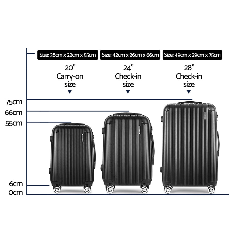 Wanderlite 3pcs LuggageTrolley Set Travel Suitcase Storage Organiser Carry On Hard Case TSA Lightweight Black - Homecoze
