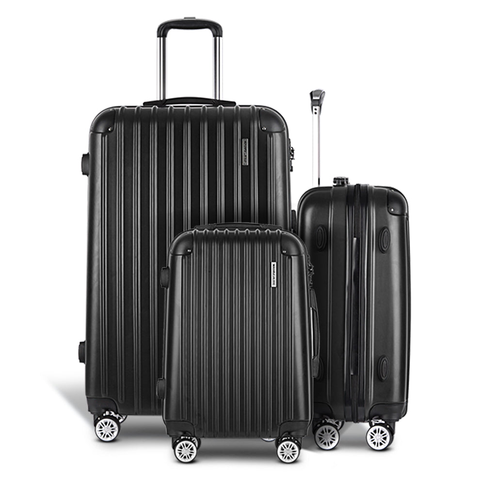 Wanderlite 3pcs LuggageTrolley Set Travel Suitcase Storage Organiser Carry On Hard Case TSA Lightweight Black - Homecoze