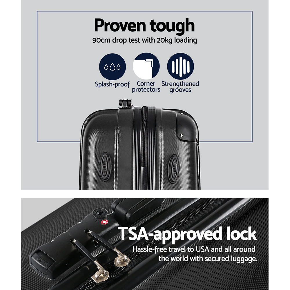 Wanderlite 3pcs LuggageTrolley Set Travel Suitcase Storage Organiser Carry On Hard Case TSA Lightweight Black - Homecoze