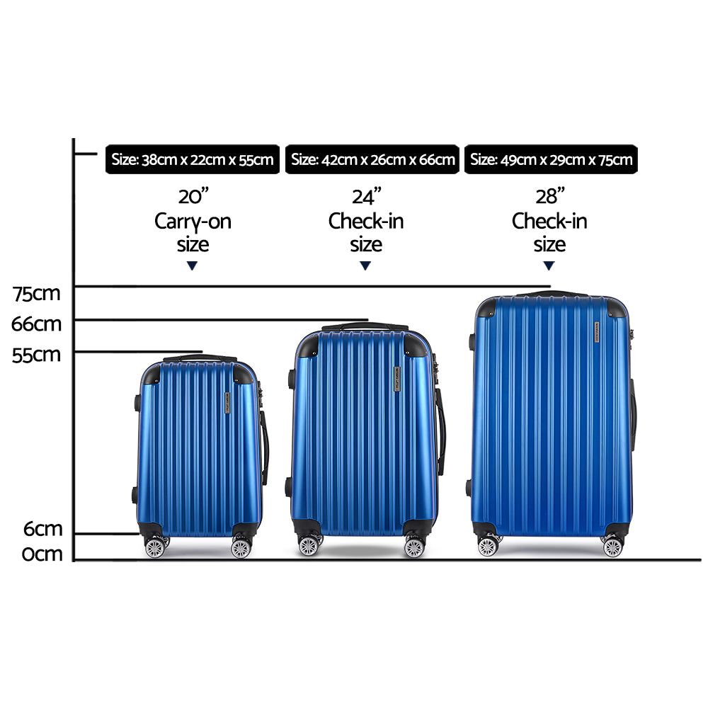 Wanderlite 3pcs LuggageTrolley Set Travel Suitcase Storage Organiser Carry On Hard Case TSA Lightweight Blue - Homecoze