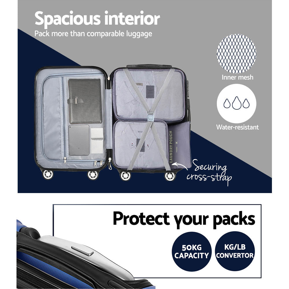 Wanderlite 3pcs LuggageTrolley Set Travel Suitcase Storage Organiser Carry On Hard Case TSA Lightweight Blue - Homecoze