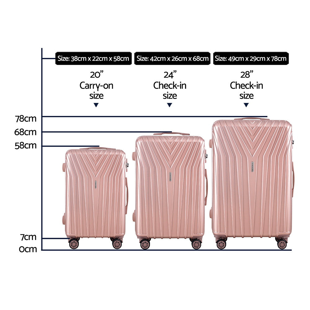 Wanderlite 3pc Luggage Trolley Set Suitcase Travel TSA Hard Case Carry On Pink Lightweight - Homecoze