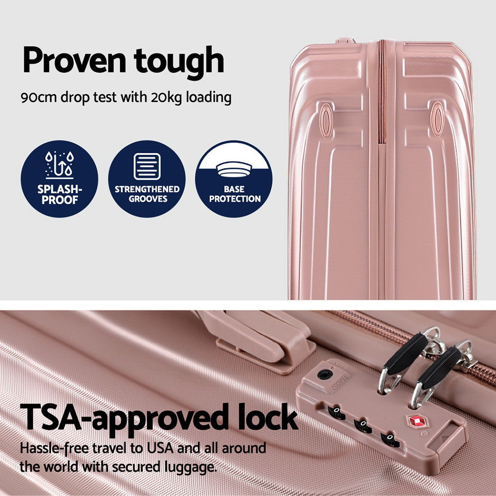 Wanderlite 3pc Luggage Trolley Set Suitcase Travel TSA Hard Case Carry On Pink Lightweight - Homecoze