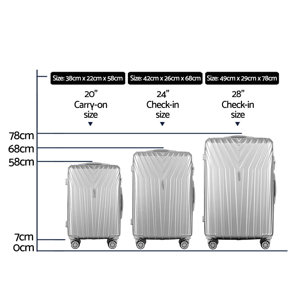 Wanderlite 3pc Luggage Trolley Set Suitcase Travel TSA Hard Case Carry On Silver Lightweight - Homecoze