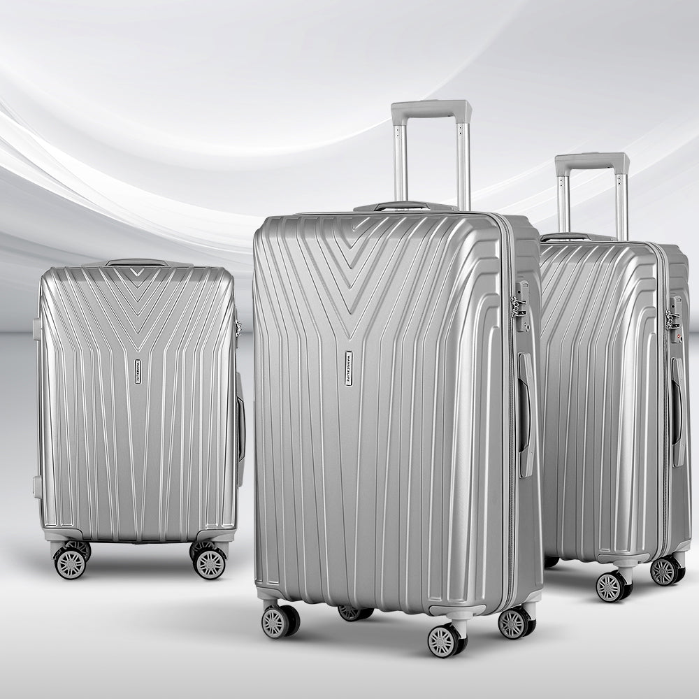 Wanderlite 3pc Luggage Trolley Set Suitcase Travel TSA Hard Case Carry On Silver Lightweight - Homecoze