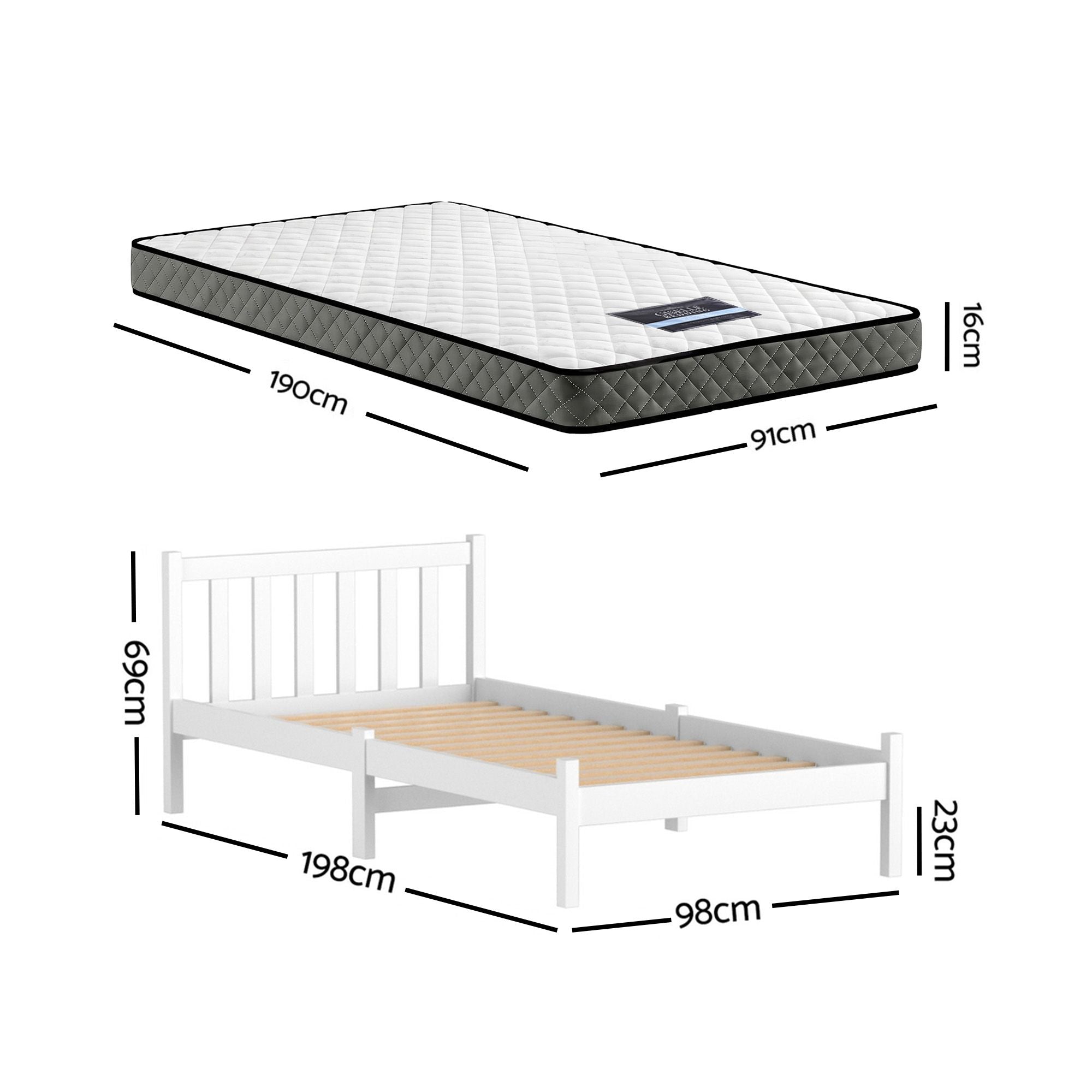 Dayton (Single) Bed Frame & Mattress Set - White