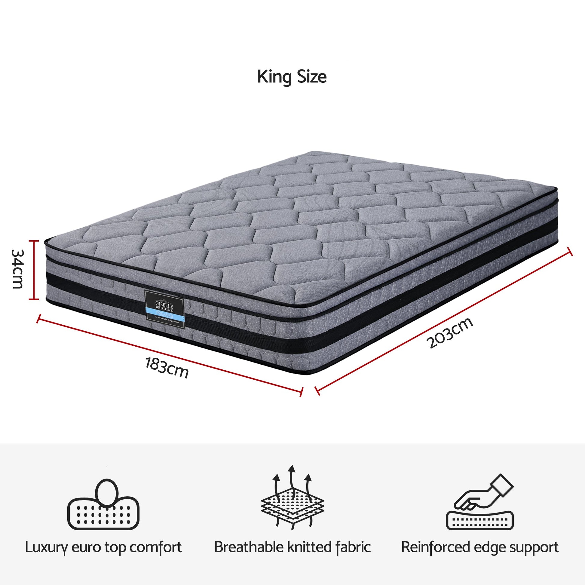 Giselle Bedding 34cm King Mattress Hybrid, Pocket Spring Bed Mattress - Homecoze