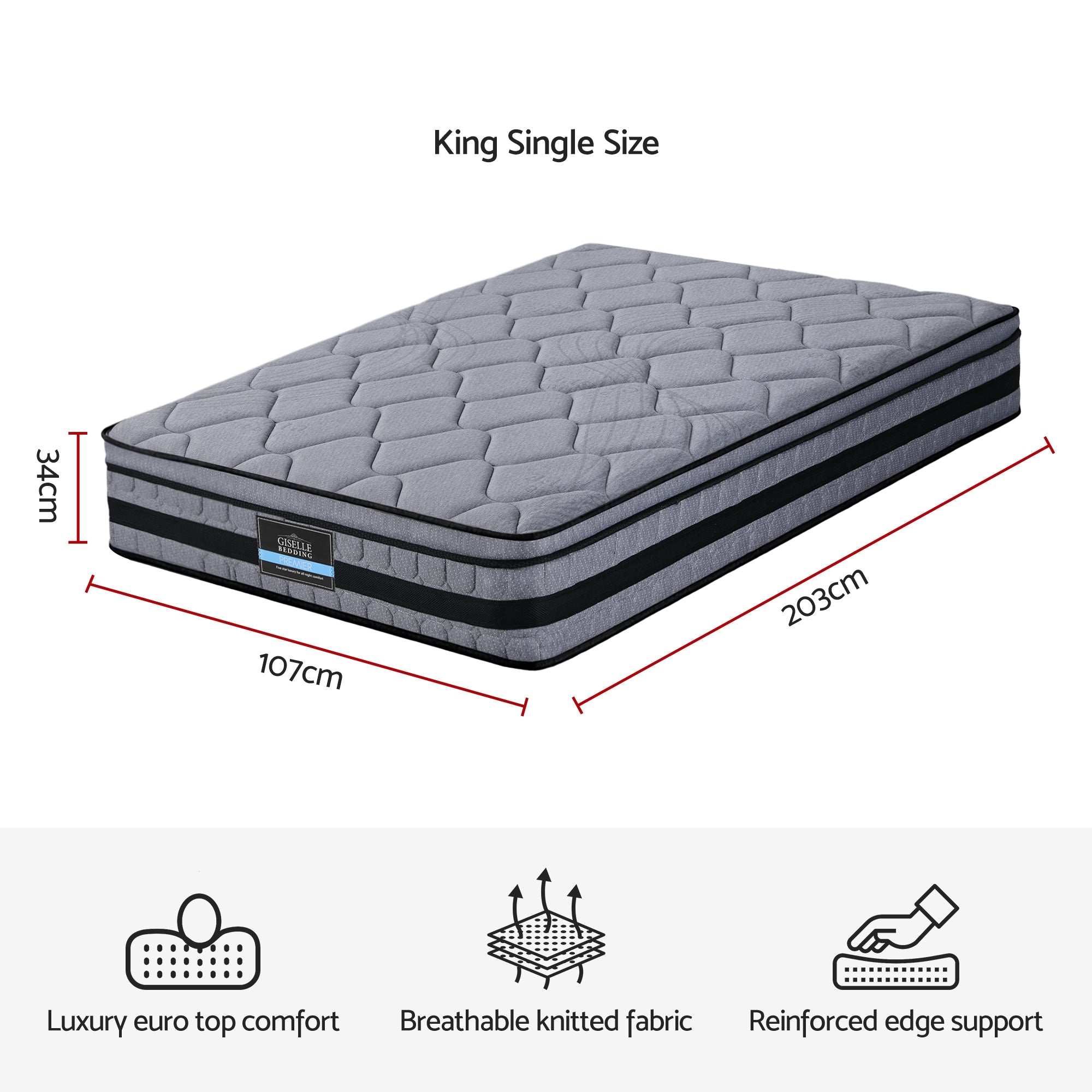 Giselle Bedding 34cm King Single Mattress Hybrid, Pocket Spring Bed Mattress - Homecoze