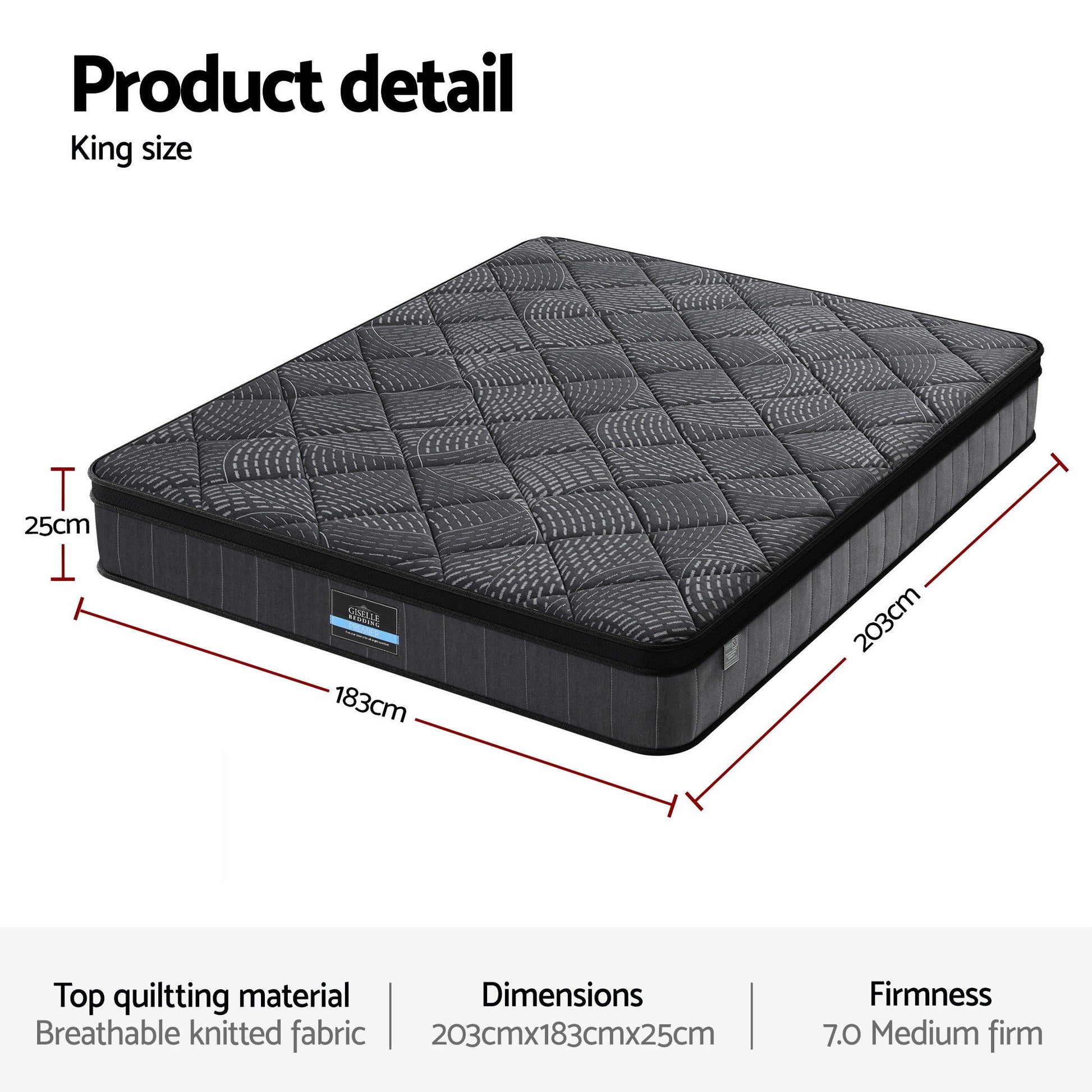 Giselle Bedding King Mattress 25cm Pocket Spring Latex Euro Top Medium Firm Bed - Homecoze