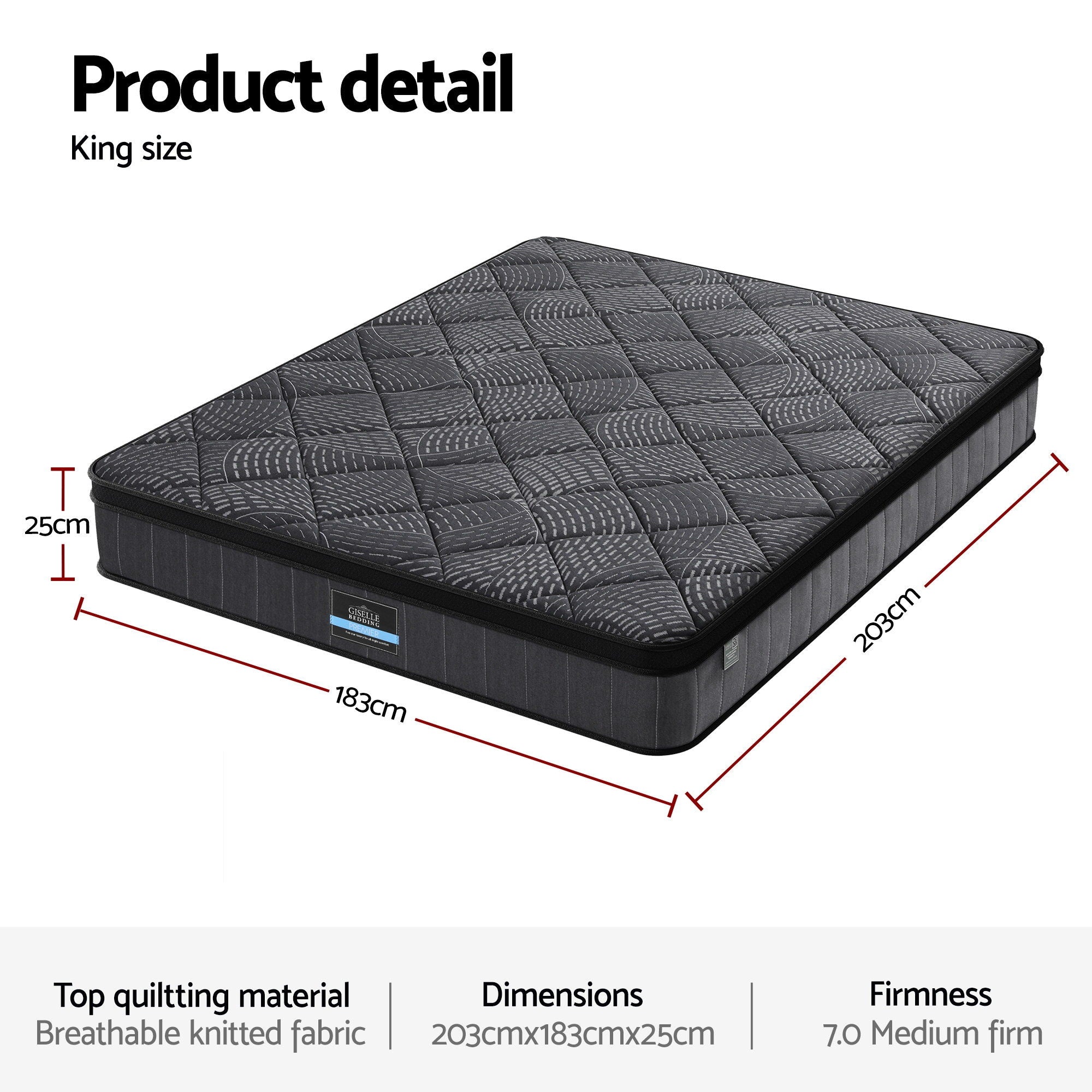 Giselle Bedding King Mattress 25cm Pocket Spring Latex Euro Top Medium Firm Bed - Homecoze