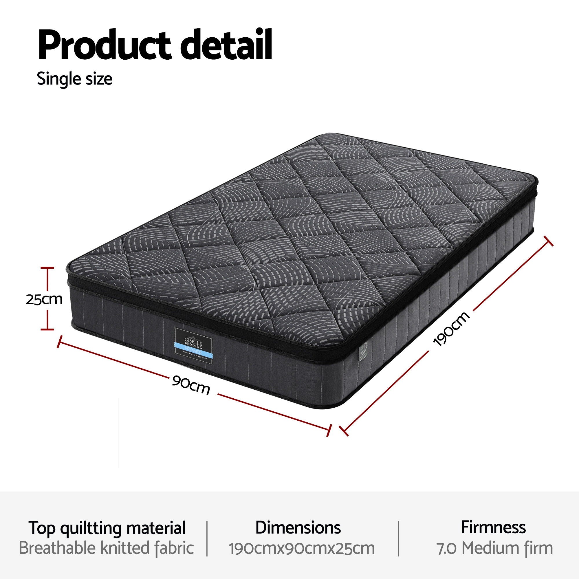 Giselle Bedding Single Mattress 25cm Pocket Spring Latex Euro Top Medium Firm Bed - Homecoze